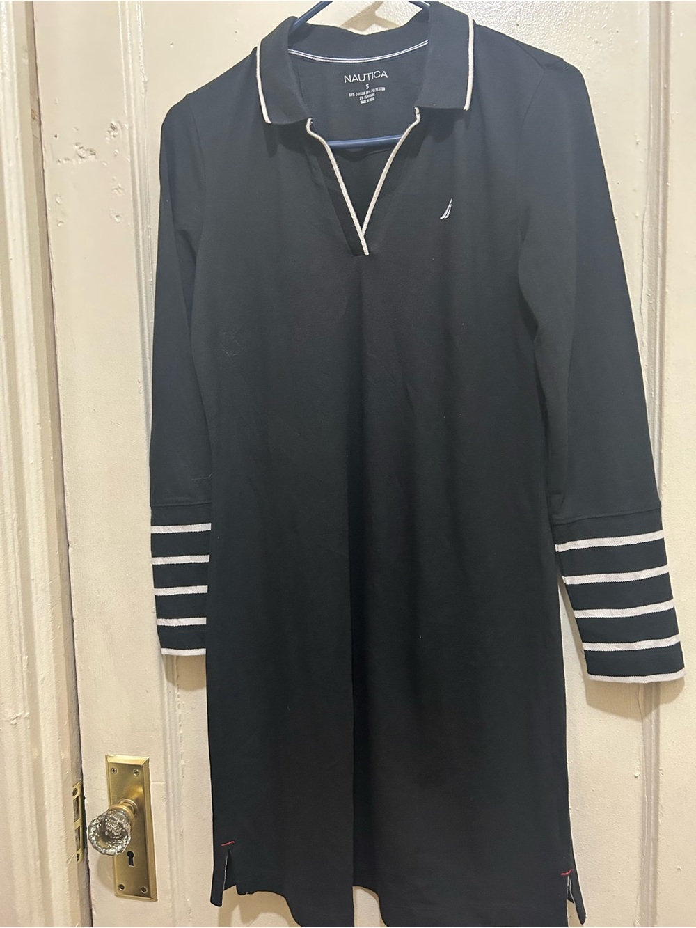 Nautica Black Long-Sleeve Polo Shirt Dress with White Trim Sz S